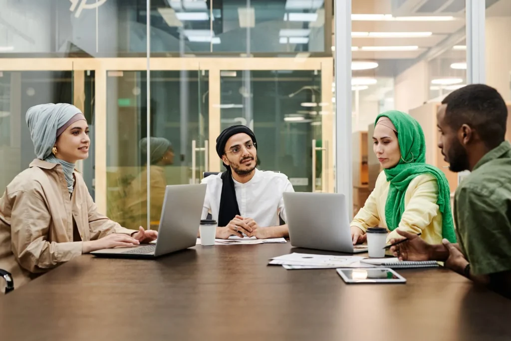 Team discussing a digital strategy in a modern office